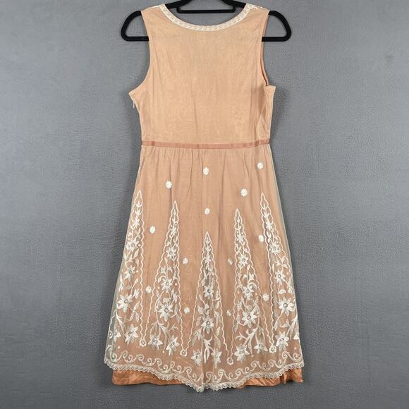 Odille Dress Womens 6 Tan White Floral Embroidered Mesh Overlay Sleeveless Bow - Picture 4 of 9